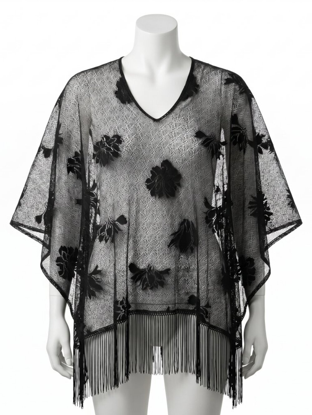 Black Sheer Poncho Shawl Fringe Cover Up One Size Beach Resort Cruise Wrap NIP
